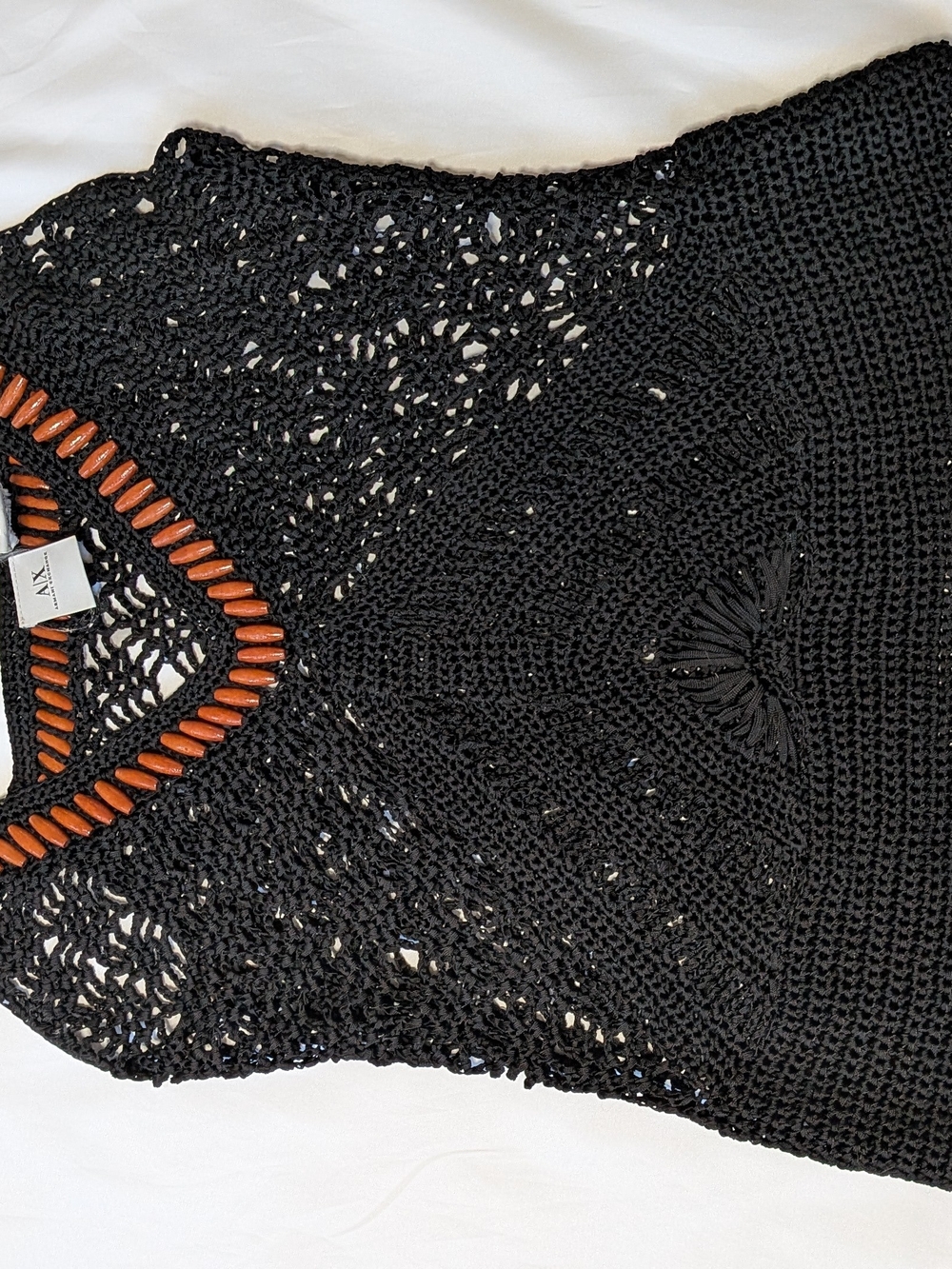 Armani Exchange Black Crochet Open Knit Wooden Bead Tank Top Cover Up Medium